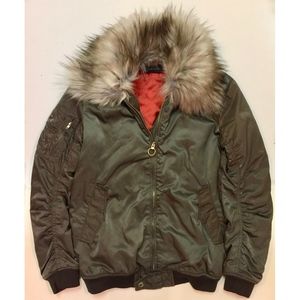 Zara Olive Green Bomber Jacket With Faux Fur
